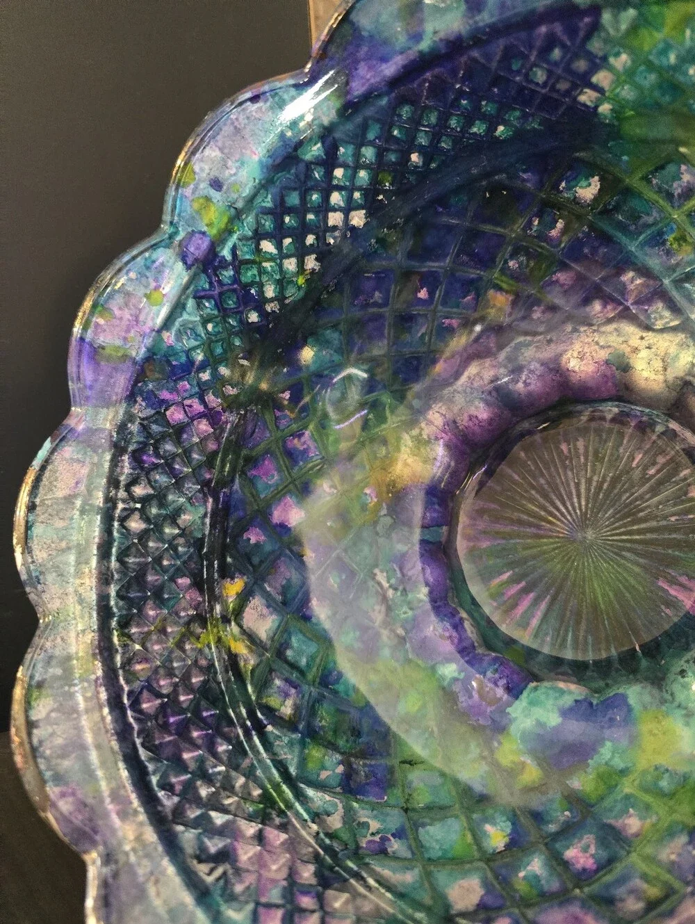 HANDCRAFTED Upcycled Glass Bowl HANDPAINTED Decorative Etched Glass Bowl W Stem